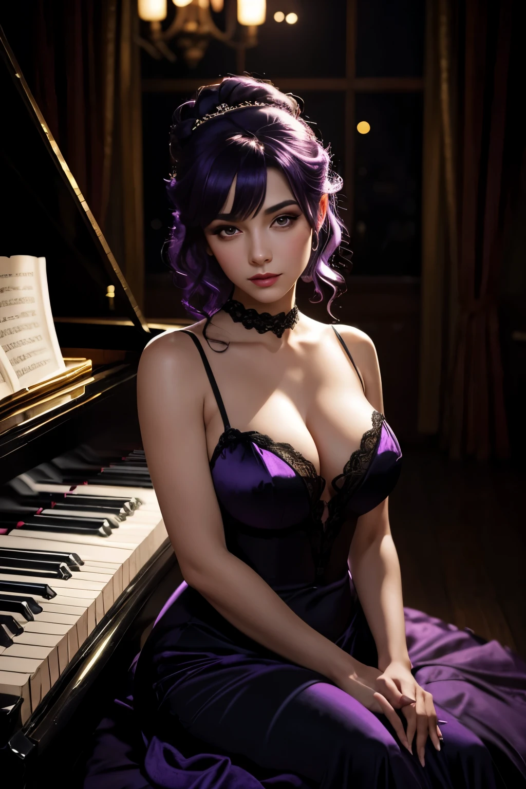 Create an evocative visual of Luna Escarlata in a dimly lit New York jazz club. She possesses an air of mystery with dark purple hair and captivating violet eyes. Luna wears a form-fitting black velvet evening gown, modern yet timeless. Picture her leaning confidently against a vintage piano, surrounded by the soft glow of dim lights and the soulful ambiance of jazz. Capture the essence of intrigue and sophistication in this atmospheric scene