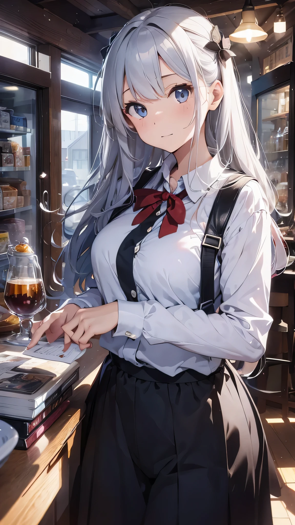 最high quality、best image quality、masterpiece、teenage girl((18-year-old、 By becoming、vest bust、medium bust,wide open breast tea、black eye, gray hair、long hair、thin,highest valley、black shirt、blue cloak、red pants)),high quality、beautiful art、background((Mysterious Room))debris flies、Depth of written boundary、movie、visual art、perfect art、8K,genuine