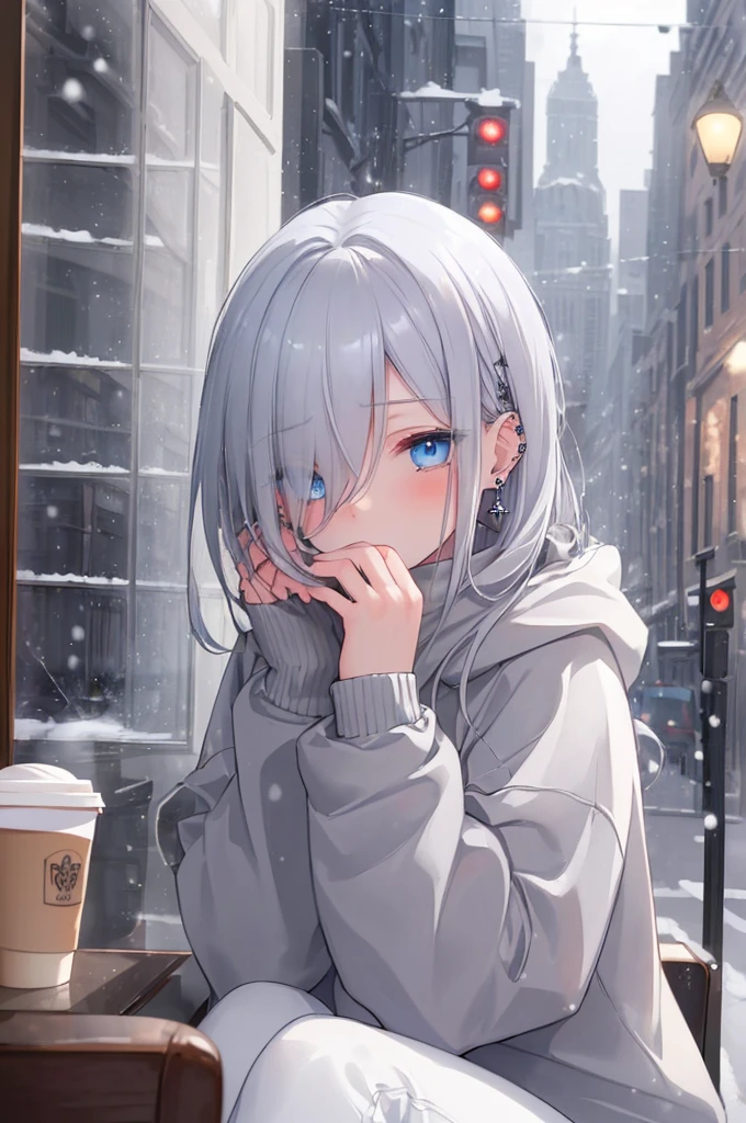 ((masterpiece:1.4, best quality:1.2)), 1girl, solo focus, beautiful skin, blush, grey sweatshirt, long white hair, blue eyes, sitting, earrings, Hands piercing, coffee shop window, night, snowing, cityscape, tall female, beautiful and delicate female, comfy ambience, {detailed background}, hair over one eye, shy, sexy female genitalia