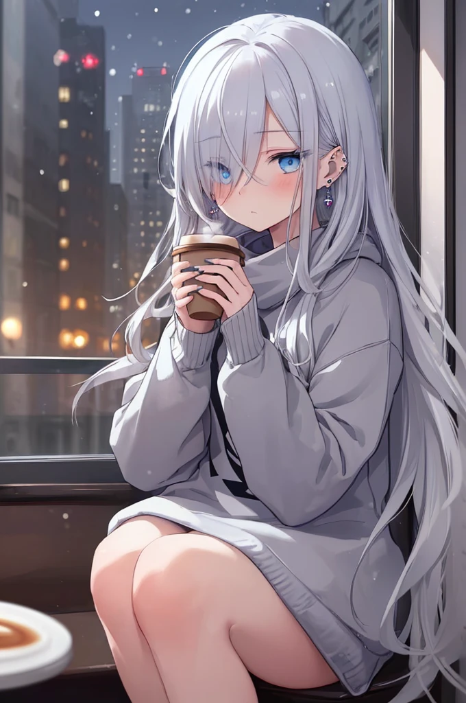 ((masterpiece:1.4, best quality:1.2)), 1girl, solo focus, beautiful skin, blush, grey sweatshirt, long white hair, blue eyes, sitting, earrings, Hands piercing, coffee shop window, night, snowing, cityscape, tall female, beautiful and delicate female, comfy ambience, {detailed background}, hair over one eye, shy, sexy female genitalia