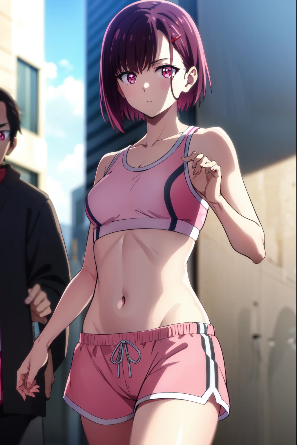 shizukamikazuki, shizuka mikazuki, short hair, purple hair, hair ornament, hairclip, (pink eyes:1.5), swept bangs,
BREAK navel, sports bra, sportswear, shorts, pink shorts,
BREAK looking at viewer,
BREAK outdoors,
BREAK (masterpiece:1.2), best quality, high resolution, unity 8k wallpaper, (illustration:0.8), (beautiful detailed eyes:1.6), extremely detailed face, perfect lighting, extremely detailed CG, (perfect hands, perfect anatomy),