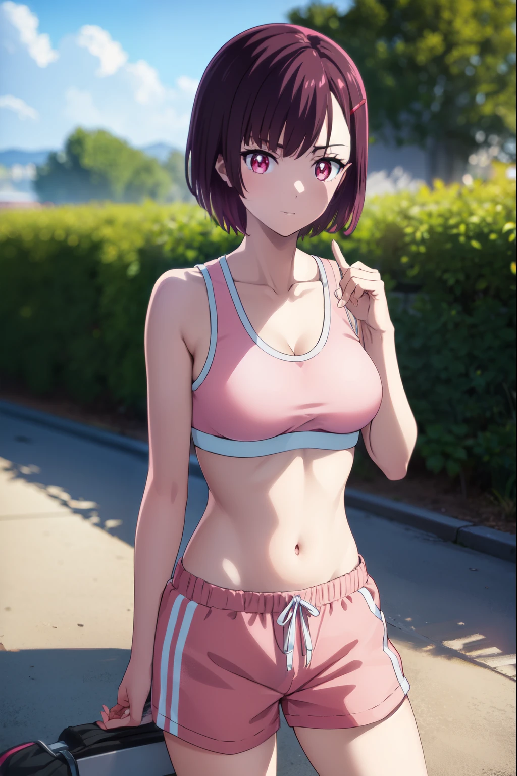 shizukamikazuki, shizuka mikazuki, short hair, purple hair, hair ornament, hairclip, (pink eyes:1.5), swept bangs,
BREAK navel, sports bra, sportswear, shorts, pink shorts,
BREAK looking at viewer,
BREAK outdoors,
BREAK (masterpiece:1.2), best quality, high resolution, unity 8k wallpaper, (illustration:0.8), (beautiful detailed eyes:1.6), extremely detailed face, perfect lighting, extremely detailed CG, (perfect hands, perfect anatomy),