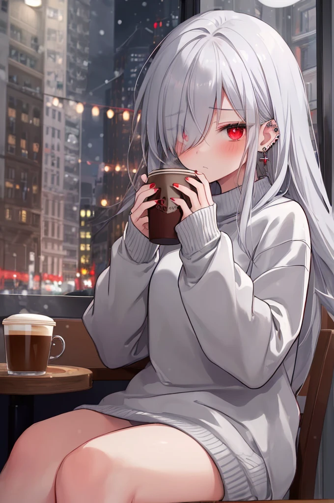 ((masterpiece:1.4, best quality:1.2)), 1girl, solo focus, beautiful skin, blush, grey sweatshirt, long white hair, red eyes, sitting, earrings, Hands piercing, coffee shop window, night, snowing, cityscape, tall female, beautiful and delicate female, comfy ambience, {detailed background}, hair over one eye, shy, sexy female genitalia