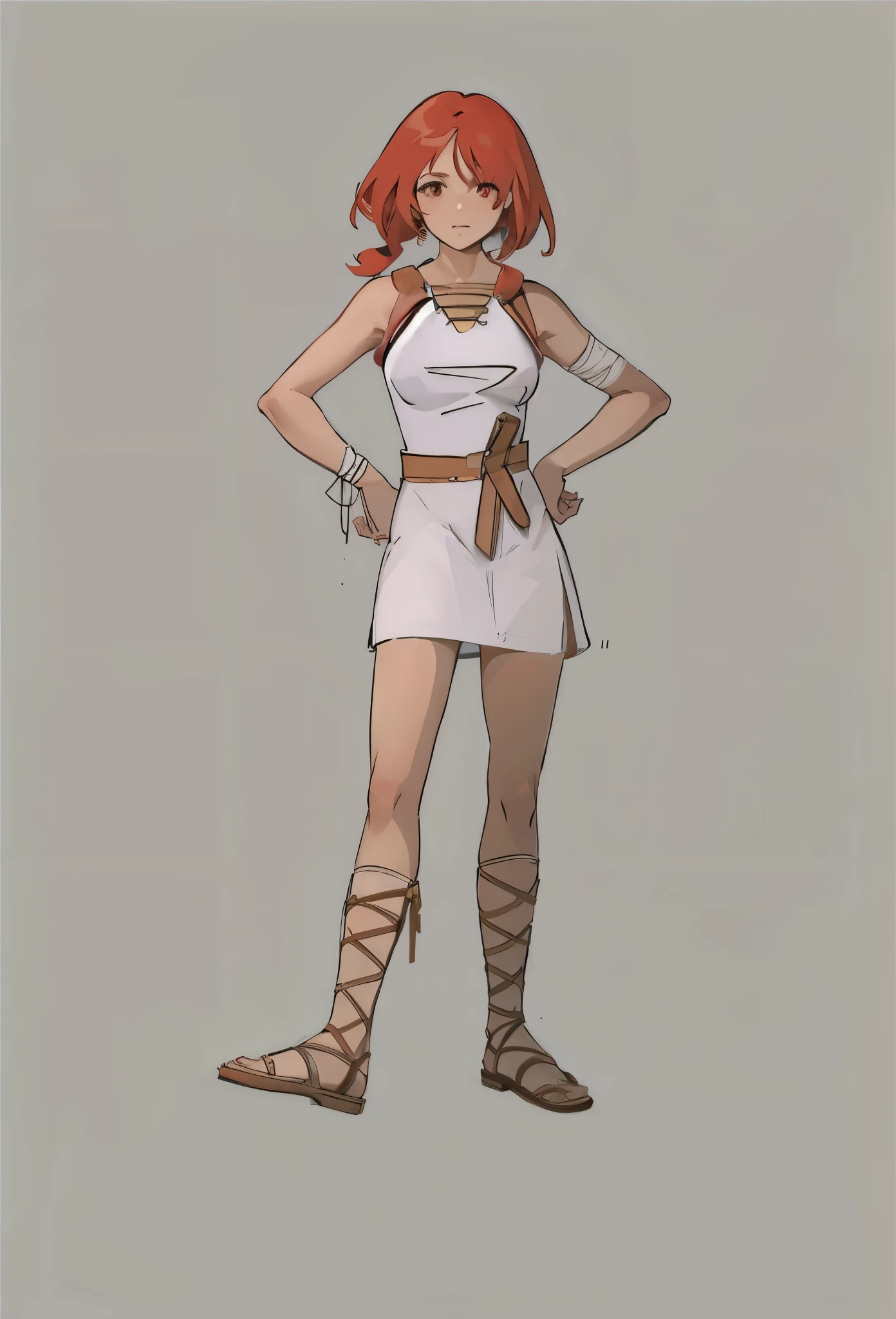 One is wearing a white suspender、Caricature of women, Lilu clothing, whole body concept, Fork waist action，Raise your feet，Red hair，bandage，HD，Leather belt，sandals，Roman shoes