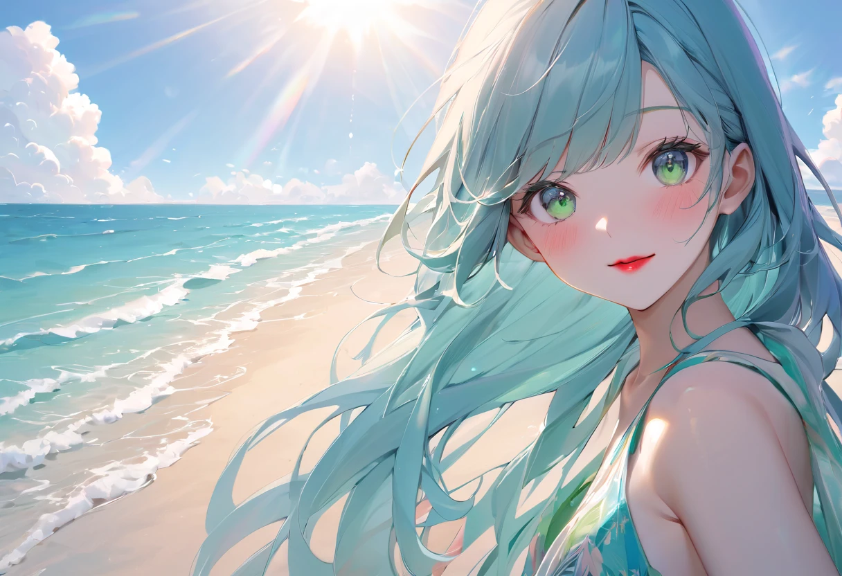 A woman with long cyan-blue hair is walking on the beach, looking back and reaching out for you to join her. She's dressed in a tropical-colored swimsuit cover-up and bikini, sporting red lipstick and a slight blush. She has green eyes, shining with Life. The weather and lighting are serene, with a clear sky and small clouds above