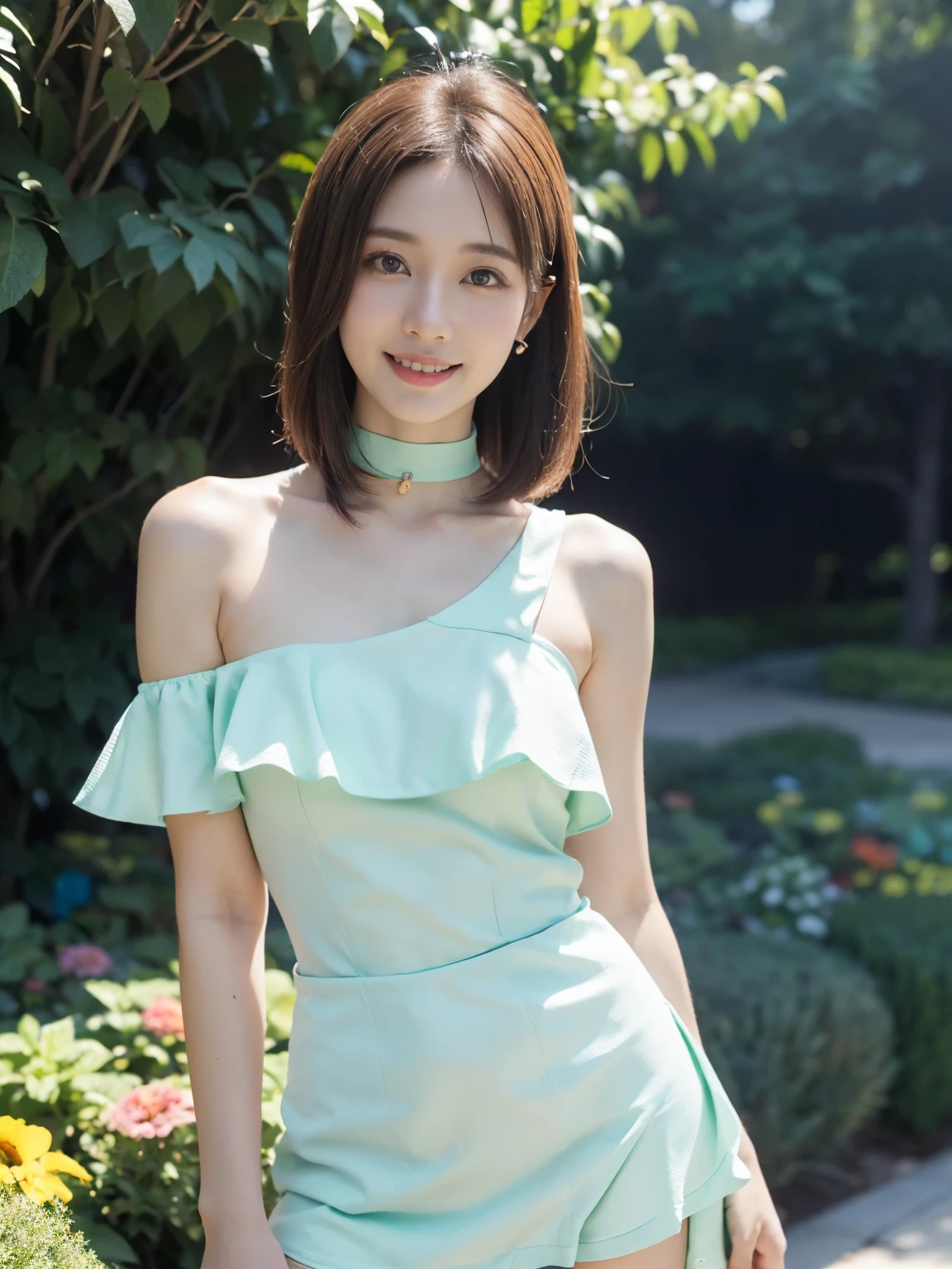 ((((highest quality))))、(((Ultra-precision CG16K wallpaper)))、(((masterpiece)))、(((Super detailed)))、(((super extreme details)))、1people's women、mature woman、25 year old woman、((Japanese face))、((very beautiful face))、((NHK Announcer、Yurika Kawaguchi:1.5))、((Straight semi-long bob hair:1.3))、(shiny hair)、bangs up to eyebrows、beautiful brown hair、beautiful delicate eyes、brown eyes、C-shaped eyebrows、high nose、small nostrils、small mouth、seductive lips、mouth slightly open、beautiful breasts、C cup size breasts、plump body、perfect proportions、perfect anatomy、perfect composition、beautiful detailed shading、beautiful natural lighting、beautiful detail glow、Depth of bounds written、(((High chroma)))、(((real:1.9)))、((vivid:1.4))、((beautiful skin))、((skin texture))、((realな皮膚感))、(((cowboy shot:1.5)))、((Angle seen from the front:1.5))、((smile:1.4))、(Eyes looking at me:1.3)、bright sunshine、(((garden:1.3)))、(standing pose:1.5)、(((Mint green shoulder cut terry dress、Flared Mini Skirt:1.5)))、(((choker clothing)))、