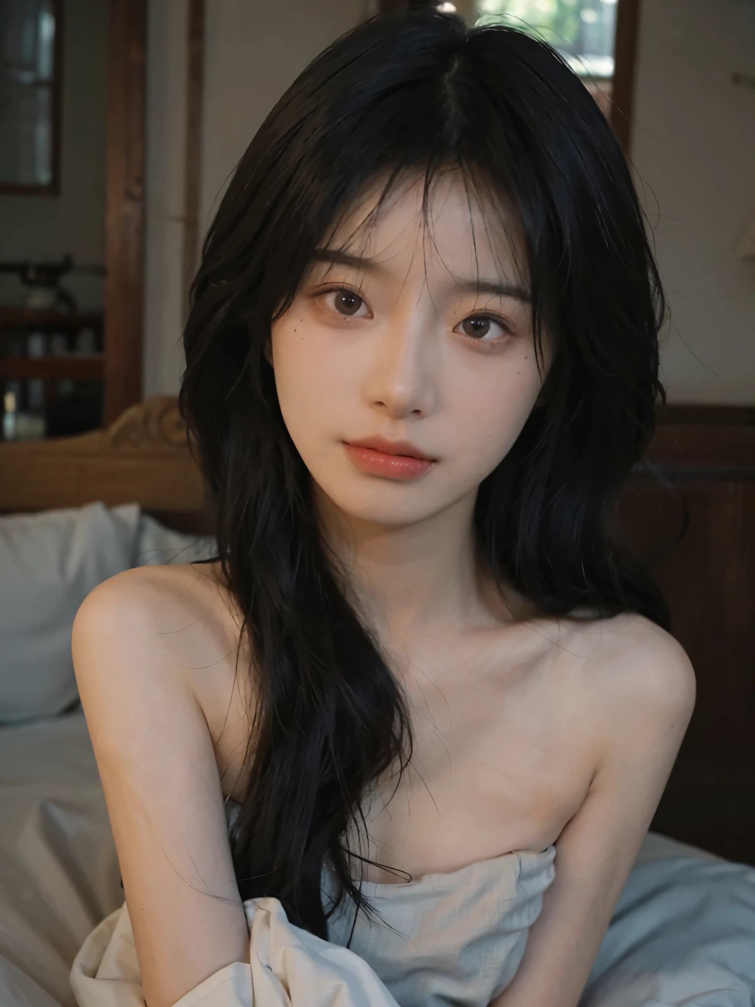 Film portrait photography, 2 girls, bare shoulders, Shoulder length wavy hair,Acting cute, serene, calm, (Realistic and detailed eyes, natural skin texture, Realistic facial details), Soft dramatic lighting, depth of field, Bokeh, Vibrant details, Detailed and detailed, surreal, 35mm film, hazy, ,