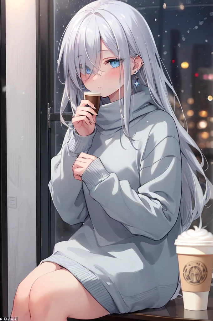 ((masterpiece:1.4, best quality:1.2)), 1girl, solo focus, beautiful skin, blush, grey sweatshirt, long white hair, blue eyes, sitting, earrings, Hands piercing, coffee shop window, night, snowing, cityscape, tall female, beautiful and delicate female, comfy ambience, {detailed background}, hair over one eye, shy, sexy female genitalia