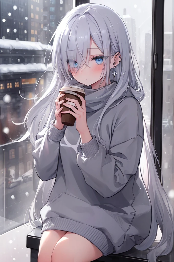 ((masterpiece:1.4, best quality:1.2)), 1girl, solo focus, beautiful skin, blush, grey sweatshirt, long white hair, blue eyes, sitting, earrings, Hands piercing, coffee shop window, night, snowing, cityscape, tall female, beautiful and delicate female, comfy ambience, {detailed background}, hair over one eye, shy, sexy female genitalia