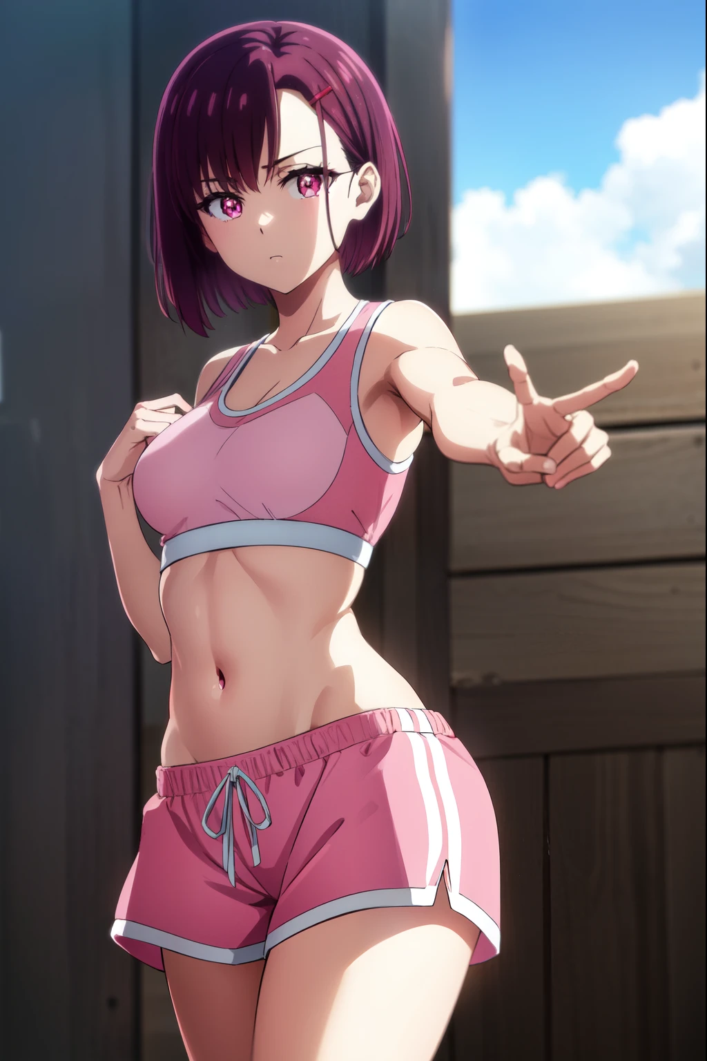 shizukamikazuki, shizuka mikazuki, short hair, purple hair, hair ornament, hairclip, (pink eyes:1.5), swept bangs,
BREAK navel, sports bra, sportswear, shorts, pink shorts,
BREAK looking at viewer,
BREAK outdoors,
BREAK (masterpiece:1.2), best quality, high resolution, unity 8k wallpaper, (illustration:0.8), (beautiful detailed eyes:1.6), extremely detailed face, perfect lighting, extremely detailed CG, (perfect hands, perfect anatomy),