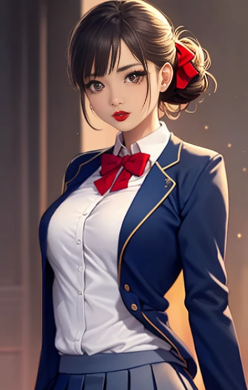 master piece,Best Quality,highest quality,Ultra-detailed,ultra high resolution,extremely detailed CG unity 8k wallpaper,Illustration,Detailed skin,Shiny skin,Realistic,Beautiful detailed eyes,luscious eyes,striking eyes,Perfect Anatomy, gleaming skin,oily skin,1girl in,Solo,(((upper body))),(((half updo,red lips))), school uniform, blazer, cardigan, jacket, long sleeves, pleated skirt, white shirt,schooltights,pumps,red lips,