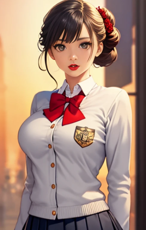master piece,Best Quality,highest quality,Ultra-detailed,ultra high resolution,extremely detailed CG unity 8k wallpaper,Illustration,Detailed skin,Shiny skin,Realistic,Beautiful detailed eyes,luscious eyes,striking eyes,Perfect Anatomy, gleaming skin,oily skin,1girl in,Solo,(((upper body))),(((half updo,red lips))), school uniform, blazer, cardigan, jacket, long sleeves, pleated skirt, white shirt,schooltights,pumps,red lips,