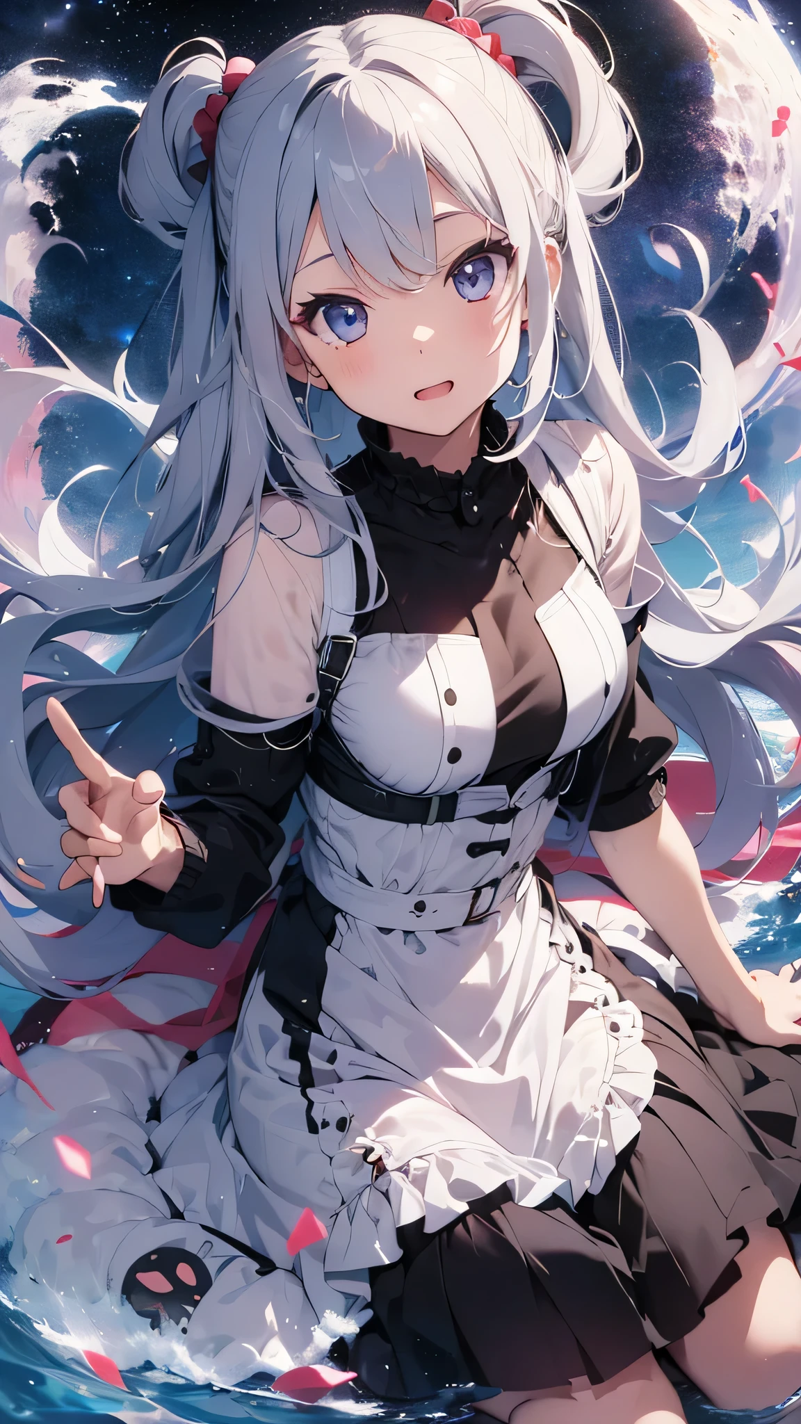 最high quality、best image quality、masterpiece、age girl((18-year-old、 By becoming、vest bust、medium bust,wide open breast tea、black eye, gray hair、long hair、thin,highest valley、Love of the Universe、Cosmic dress)),high quality、beautiful art、background((Lunar surface))debris flies、Depth of written boundary、movie、visual art、perfect art、8K,genuine