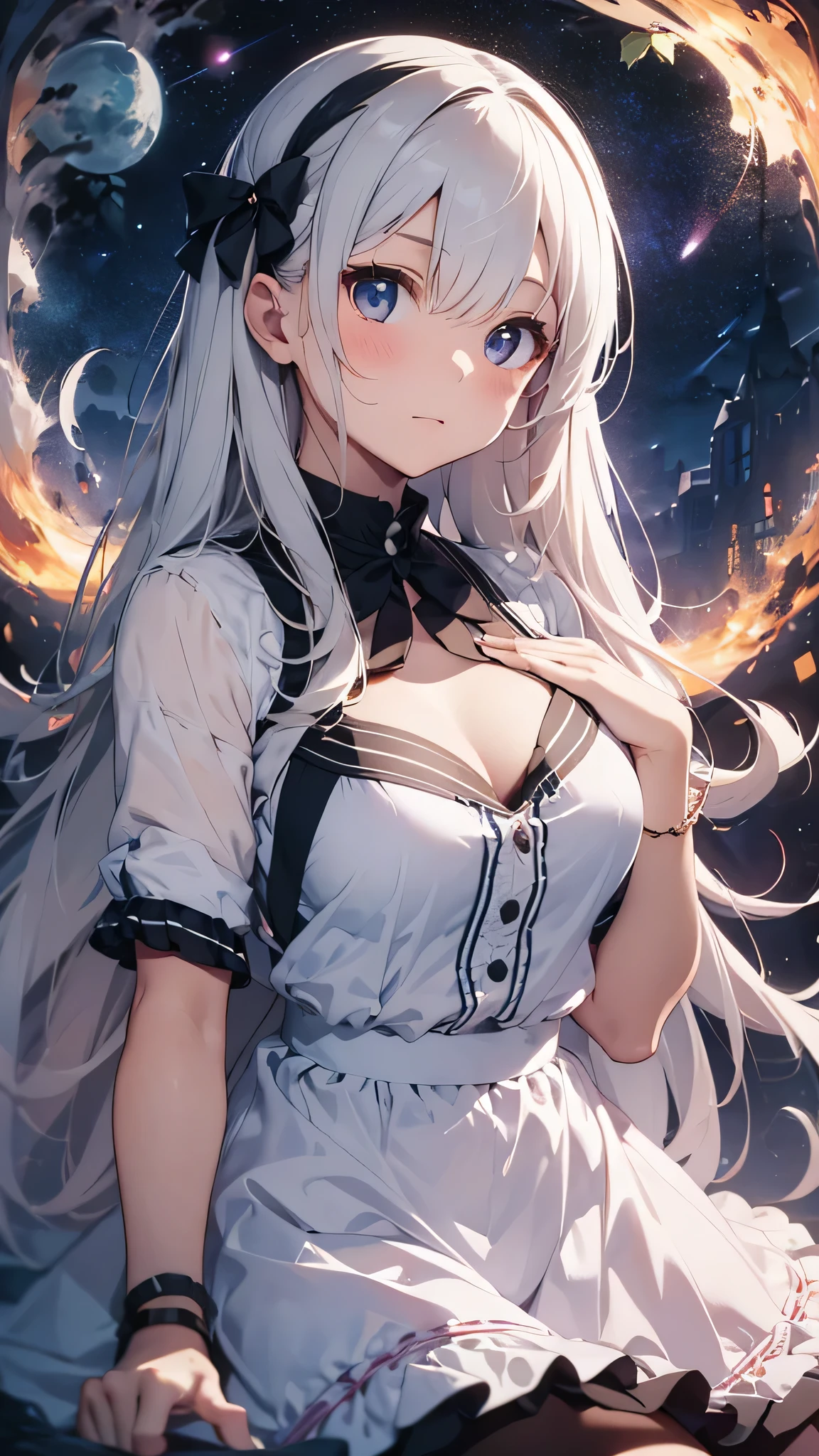 1girl, long white hair, red eyes, wearing simple white dress, White skirt, big breasts, historical city, historic mension, high res, ultrasharp, 8K, masterpiece, looking at viewer