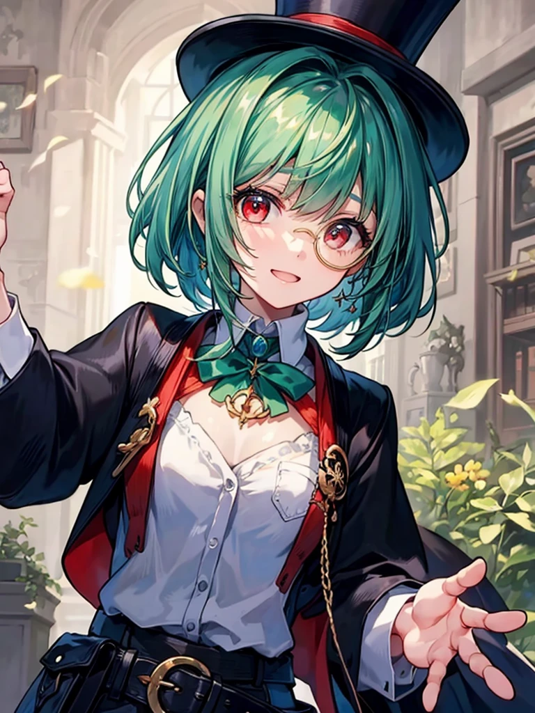 (((masterpiece、Highest image quality、highest quality、highly detailed unity 8kwallpaper)))、((Illustration of one girl、upper body))、(((beautiful girl)))、(Emerald green hair、messy hair、sidelocks:1.2、red eyes、crazy smile)、(((flat chest)))、(((monocle)))、pocket watch、(((Black top hat、Black tuxedo、belt)))