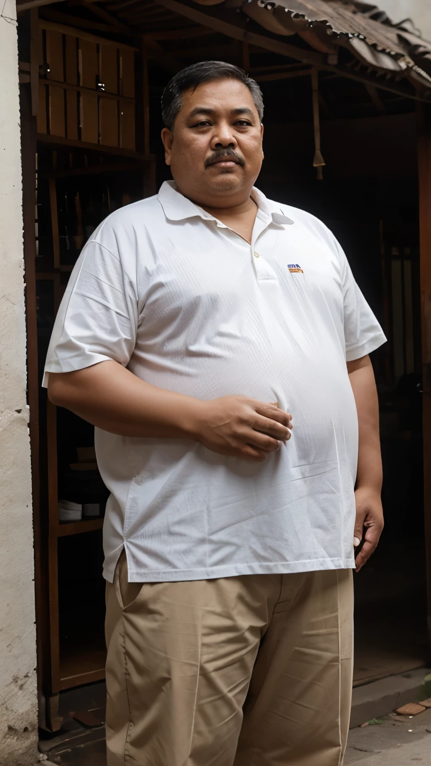 Fat malay oldman with bangladesh looks, fat body, obese, double chin, white moustache, white short hair, he is 60years old, standing