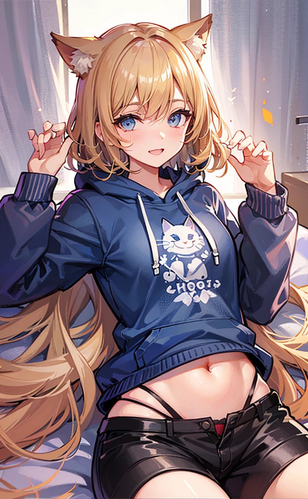 (masterpiece), (best quality), (illustration), (Super detailed), (high resolution), perfect anatomy, absurd, a girl, (Mirror sound_return), (singing voice), short hair, hairpin, Big Smile, (blonde), Very Lovely Girl, small, young, Beautifully, focus on girl, bedroom, Lovely, she, Smile, best moments, middle school, blue eyes, Bright Eyes, Lively eyes, Lovely, permanent, thigh, Sweet, Innocent, Love love, Loving viewers, clean skin, beautiful body, Lovely face, Delicate arms, boyfriend's gaze, Lively eyes, Neat, bare legs, Dubbo Dubbo hoodie, perfect hood,short shorts, white hoodie, black shorts, beautiful girl, blue sky, Energetic, best girlfriend, happiness, cat ears, Lying in bed, Lying in bed, naughty mood