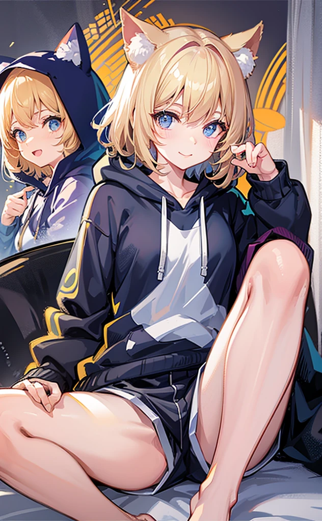 (masterpiece), (best quality), (illustration), (Super detailed), (high resolution), perfect anatomy, absurd, a girl, (Mirror sound_return), (singing voice), short hair, hairpin, Big Smile, (blonde), Very Lovely Girl, small, young, Beautifully, focus on girl, bedroom, Lovely, she, Smile, best moments, , blue eyes, Bright Eyes, Lively eyes, Lovely, permanent, thigh, Sweet, Innocent, Love love, Loving viewers, clean skin, beautiful body, Lovely face, Delicate arms, boyfriend's gaze, Lively eyes, Neat, bare legs, Dubbo Dubbo hoodie, perfect hood,short shorts, white hoodie, black shorts, beautiful girl, blue sky, Energetic, best girlfriend, happiness, cat ears, Lying in bed, Lying in bed, naughty mood