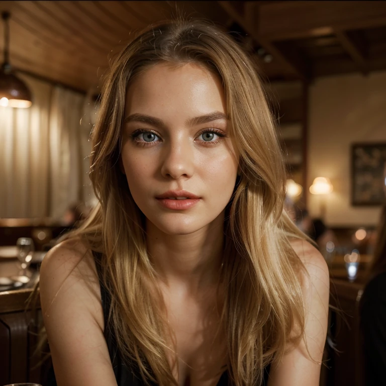 The Stable Diffusion prompt for the given theme "long blonde hair red lips, plain black shirt, sitting in restaurant" can be as follows:

"(best quality,4k,8k,highres,masterpiece:1.2),ultra-detailed,(realistic,photorealistic,photo-realistic:1.37),portraits,vivid colors,long blonde hair,red lips,plain black shirt,sitting in restaurant,beautiful detailed eyes,beautiful detailed lips,extremely detailed face,relaxed expression,gentle lighting,background of a cozy restaurant,soft focus,subtle shadows"