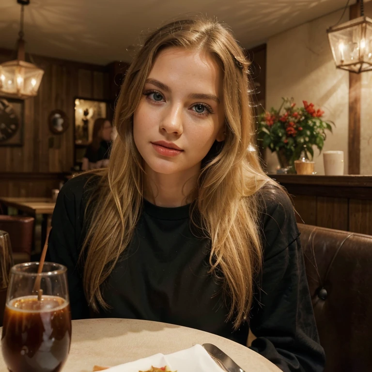 The Stable Diffusion prompt for the given theme "long blonde hair red lips, plain black shirt, sitting in restaurant" can be as follows:

"(best quality,4k,8k,highres,masterpiece:1.2),ultra-detailed,(realistic,photorealistic,photo-realistic:1.37),portraits,vivid colors,long blonde hair,red lips,plain black shirt,sitting in restaurant,beautiful detailed eyes,beautiful detailed lips,extremely detailed face,relaxed expression,gentle lighting,background of a cozy restaurant,soft focus,subtle shadows"