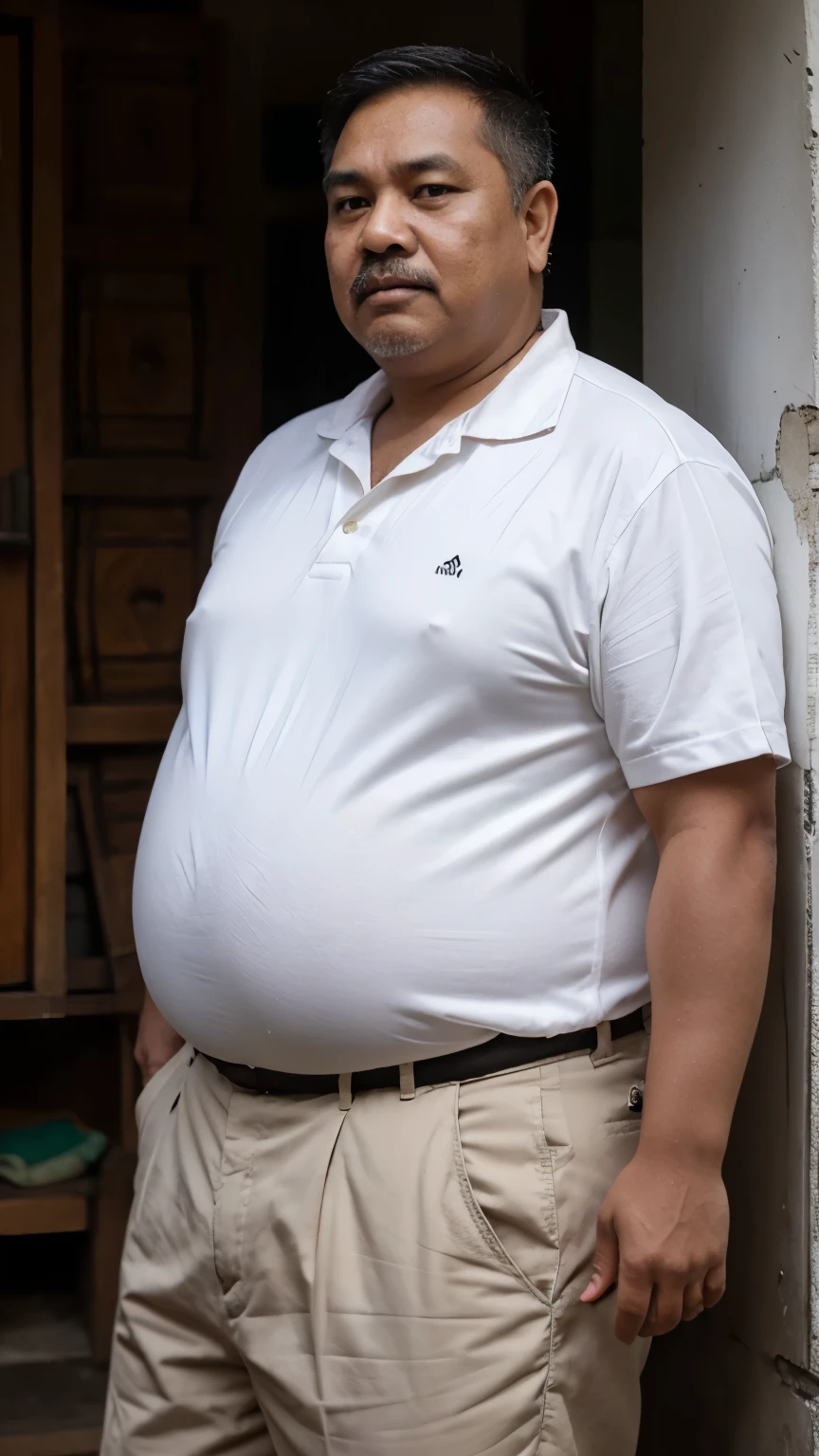 Fat malay oldman with bangladesh looks, fat body, obese, double chin, white moustache, white short hair, he is 60years old, standing