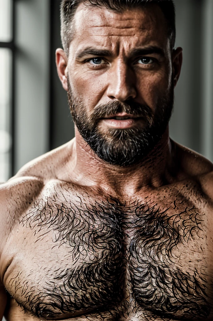 A muscular 40-year-old man portrait, wearing a white T-shirt and being naked, provocative, (best quality, 4k, highres, masterpiece:1.2), ultra-detailed, (realistic, photorealistic:1.37), strong body structure, defined muscles, intense gaze, rugged features, sculpted abs, dramatic lighting, seductive pose, vibrant colors, hiperrealism, 8k, bearded, Masculine.