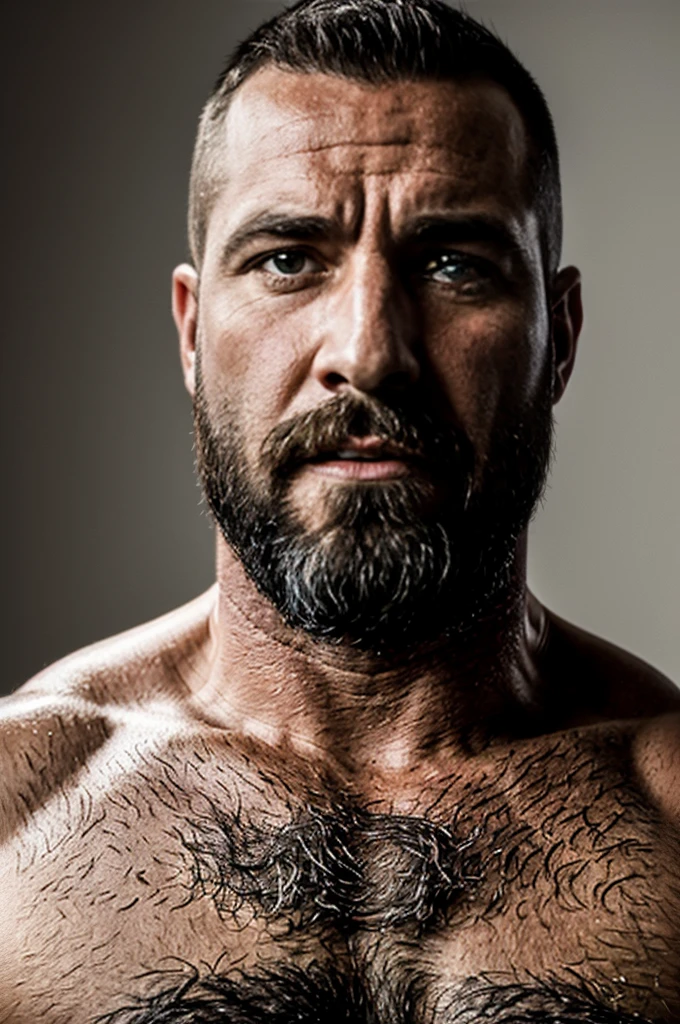 A muscular 40-year-old man portrait, wearing a white T-shirt and being naked, provocative, (best quality, 4k, highres, masterpiece:1.2), ultra-detailed, (realistic, photorealistic:1.37), strong body structure, defined muscles, intense gaze, rugged features, sculpted abs, dramatic lighting, seductive pose, vibrant colors, hiperrealism, 8k, bearded, Masculine.