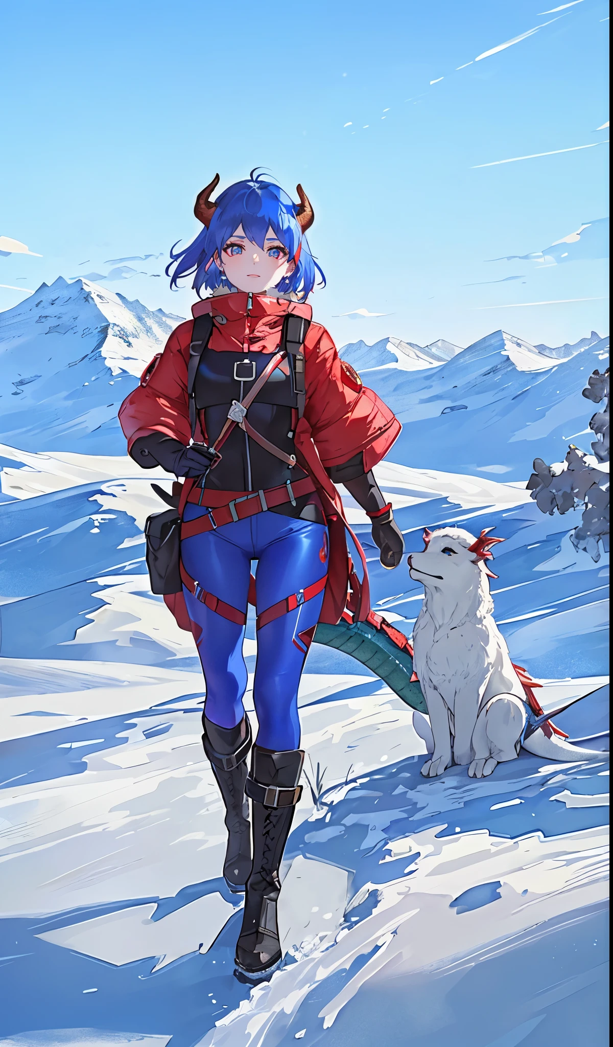 (Ultra-short hair with blue and red highlights),(google on her head)close up,dream world,Dragon royal sister,dragon lady,Red and blue short hair,beautiful eyes,snow mountain tundra,polar bay,earrings,(goggles,Tight protective clothing),humanoid, polar tundra background,Explorer, her skin is white, fair complexion,(adventure tights,Tight pants,A pair of dragon horns and wings),boots,leather boots,