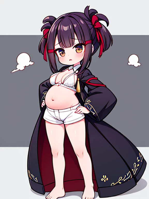 (Very high quality, detailed) An image of a full body pregnant girl with a round belly, long hair, very big breasts, bubble butt and pretty thick body. She's standing barefoot with her hands on her belly. She's wearing a crop top, very thight shorts, glasses.