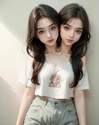 2heads, two headed girl, ( girl:1.5), (female:1.5), (two heads attached to one body:1.4), conjoined twins, heads side by side, one torso, young, uncomfortable, barefoot