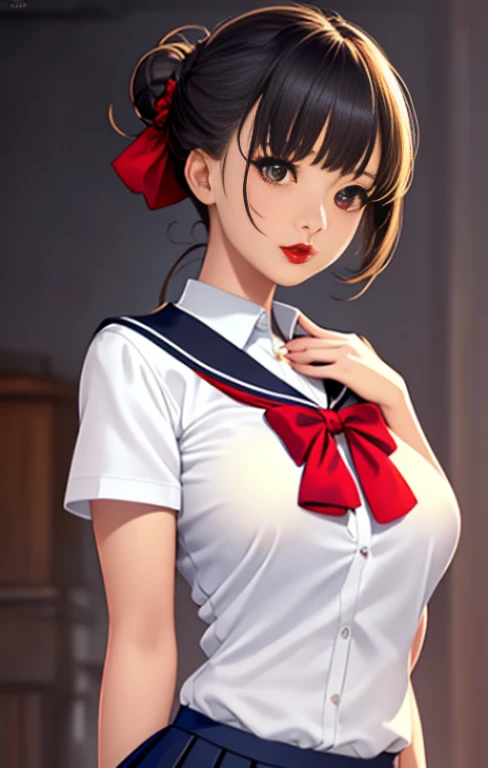 master piece,Best Quality,highest quality,Ultra-detailed,ultra high resolution,extremely detailed CG unity 8k wallpaper,Illustration,Detailed skin,Shiny skin,Realistic,Beautiful detailed eyes,luscious eyes,striking eyes,Perfect Anatomy, gleaming skin,oily skin,1girl in,Solo,(((upper body))),(((half updo,red lips))), school uniform, serafuku, pleated skirt, sailor collar, white shirt,schooltights,pumps