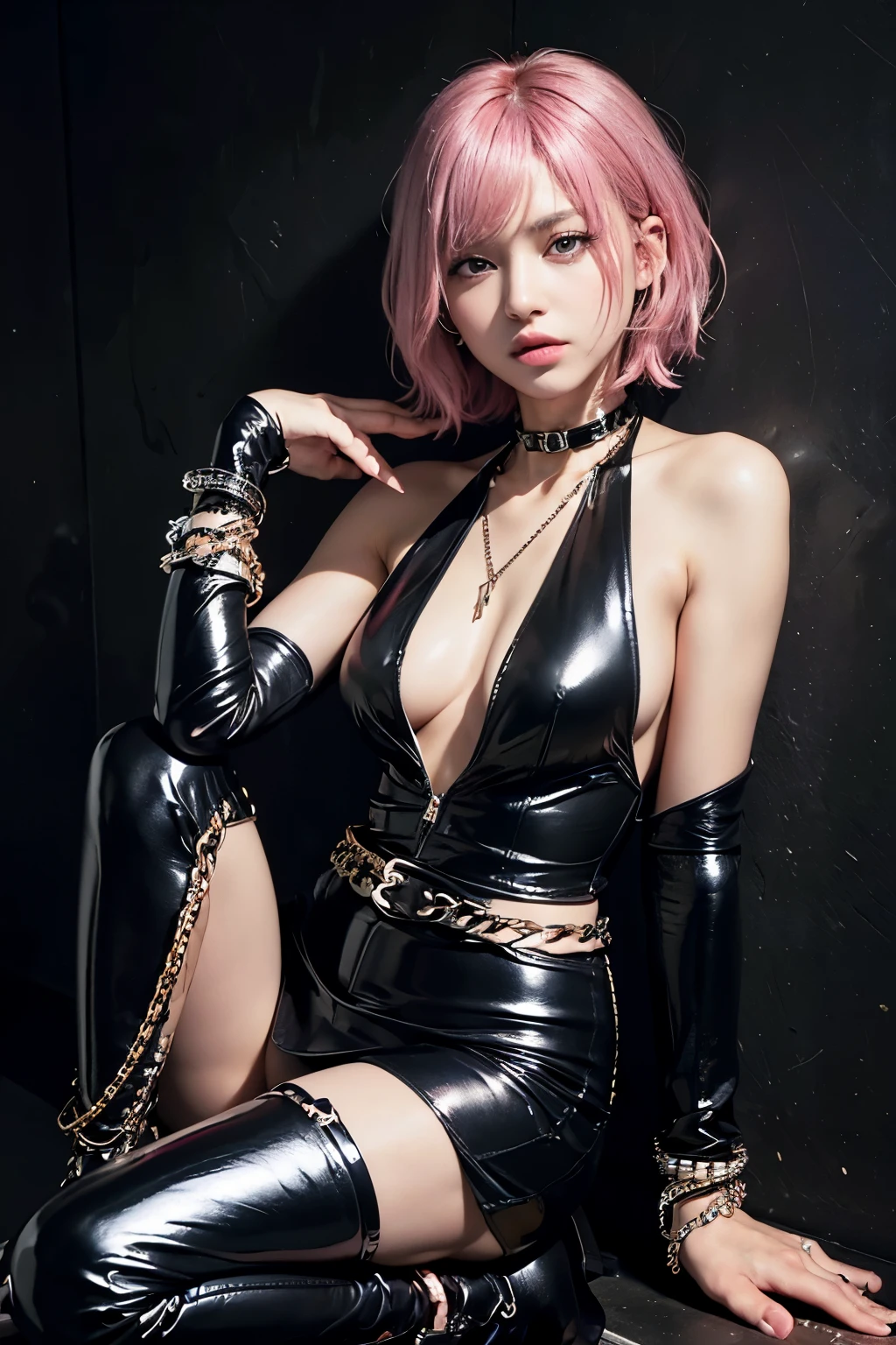 (8K, top-quality, masterpiece:1,2), (reallistic, Photorealsitic:1.37), Super Detail, One girl,), (Highly detailed), (beautifully detailed eyes), (of the highest quality), (super detailed ), (masterpiece), (Detailed face),20yr old, ,1 girl, ((pink hair,Very short hair)), medium breasts, clothed, Perfect Lighting, BREAK (black leather bodysuit:1.4), (shiny material:1.3), (tight fit:1.3), (chain decoration from neck to waist:1.4), (shiny chain accents on wrists and ankles:1.4), (black shiny stockings:1.3), (shiny black leather heel boots:1.4), (high heels:1.2), (shiny collar-like necklace:1.4), (shiny chain anklets:1.4), BREAK bangs cover left eye, cool and sexy expression, biting lip, right hand on neck, left hand pulling chain on waist, dark wall background, white spotlight on face and chest