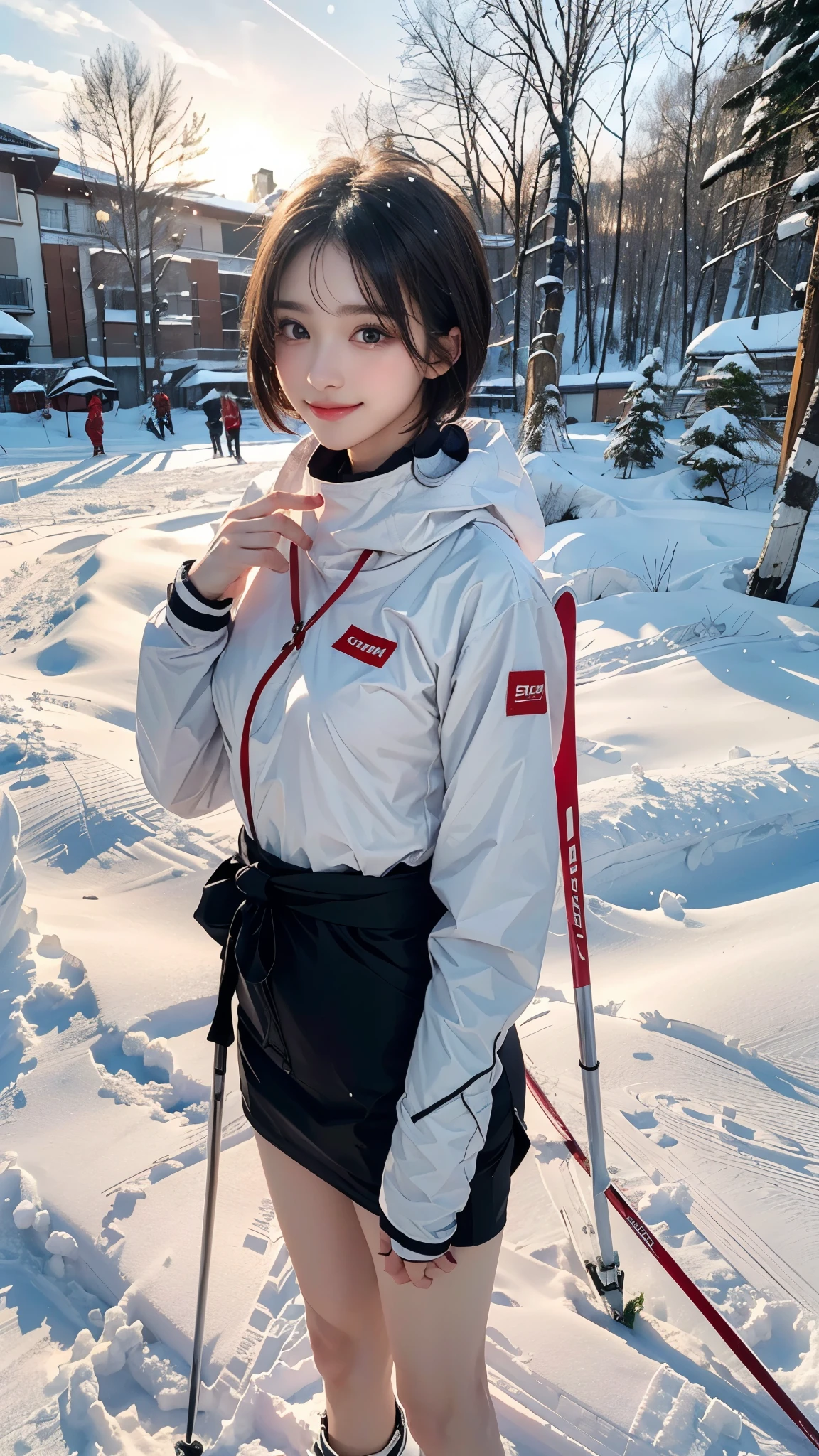 (Portrait of one girl with thin small breasts and short hair in colorful ski wear:1.5)、(One girl skiing with a show-off face and a small smile :1.5)、(snow ski garden:1.5)、(Beautiful Sunset Sky 1.5)、(perfect anatomy:1.3)、(no mask:1.3)、(full finger:1.3)、Photoreal、Raw photo、table top、highest quality、High resolution、delicate and beautiful、perfect face、beautiful and fine eyes、Fair skin、real human skin、pores、((thin legs))、(black hair)