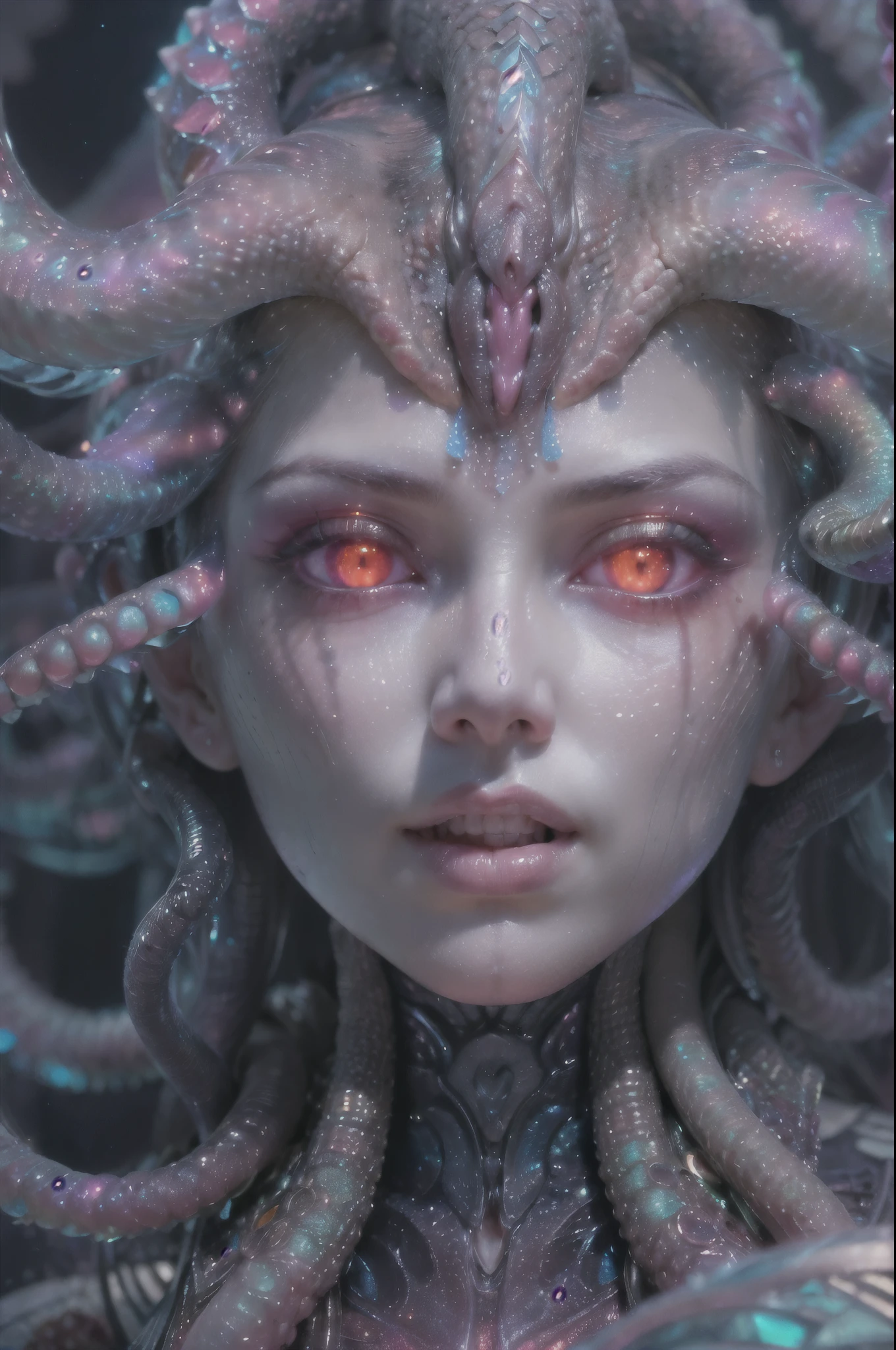(1 beautiful and obscene female alien:1.4), (There is a female genital-like organ in the middle of her forehead:1.95), She has medusa-like hair, (there are lots of translucent tentacles from her head like her hair:1.5), (vulgarity1.7), (she is looking down at viewers with glowing red eyes with no pupils:1.6), (She has translucent pale skin:1.4),(She has the most beautiful face in the history of the universe:1.2), (She has multiple bioluminescent organs on the side of her tentacles:1.4), (Her body is covered with an iridescent exoskeleton:1.4), (She is showing her arm pits:1.6), an evil gaze that seduces, (looking down at viewers:1.4),(Vampire-like long canine teeth can be glimpsed through the gap between the cute lips:1.4) (bio luminescent:1.4), (Smile wickedly:1.3), (sexypose:1.4), alien, No humans, cells are fused, extraterrestrial, cell, bio image, ultra high resolution, (photos realistic:1.7), (Numerous award-winning masterpieces, with incredible detail, textures and maximum detail), Dramatic Lighting, cinematic quality, (exquisite details:1.2), High freshness, drawing faithfully, (Thick eyebrows:1.2), Beautiful eyes with fine symmetry,(Highly detailed face and eyes:1.2),(Super detailed skin quality feeling:1.4), perfect anatomy, (Beautiful toned body:1.5), (Moist skin:1.2), not wearing makeup, (dark circles:1.1), long canines, cinematic drawing of characters, cinematic quality, (exquisite details:1.2), high resolution, High freshness, drawing faithfully, official art, Unity 8K Wall paper, ultra detailed artistic photography, midnight aura, unreal engine 5, Ultra Sharp Focus, art by Amano Yoshitaka, ArtGerm, ultra realistic realism, dream-like, Creation of fantasy, dream Snail, (biopunk nautilus:1.3),Thrilling color schemes, seductively smiling, Amazing mutation, well-proportioned body, goddess of the deep sea, fractal, Geometric pattern, impossible figures, subtle emerald green accents, (expression of ecstasy:1.4), (beautiful small breast and nipples:1.2)