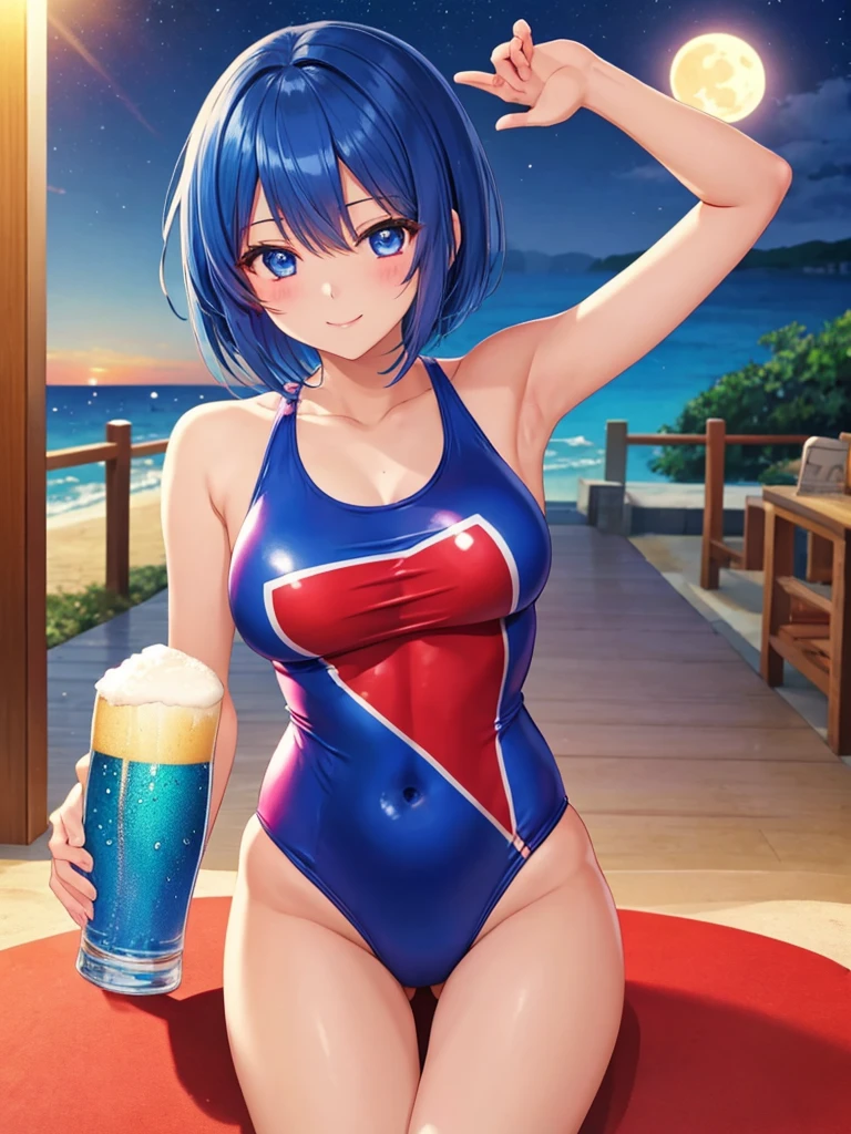 masterpiece, highest quality, super detailed, 1 girl、Againm、Again:zero、blue hair、short hair、 super fine illustration、美しいseductive anime girl、Super detailed、night、Beerで乾杯、Beer、full moon、Sunburn mark、black skin、smile、beautiful bluish eyes、beautiful proportions、gentle expression、seductive anime girl、Glossy skin、seaside、beach、hot spring、red school swimsuit 、High leg、sex