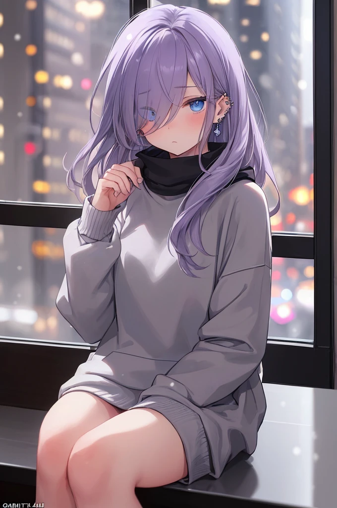((masterpiece:1.4, best quality:1.2)), 1girl, solo focus, beautiful skin, blush, grey sweatshirt, long Violet hair, blue eyes, sitting, earrings, Hands piercing, coffee shop window, night, snowing, cityscape, tall female, beautiful and delicate female, comfy ambience, {detailed background}, hair over one eye, shy, sexy female genitalia