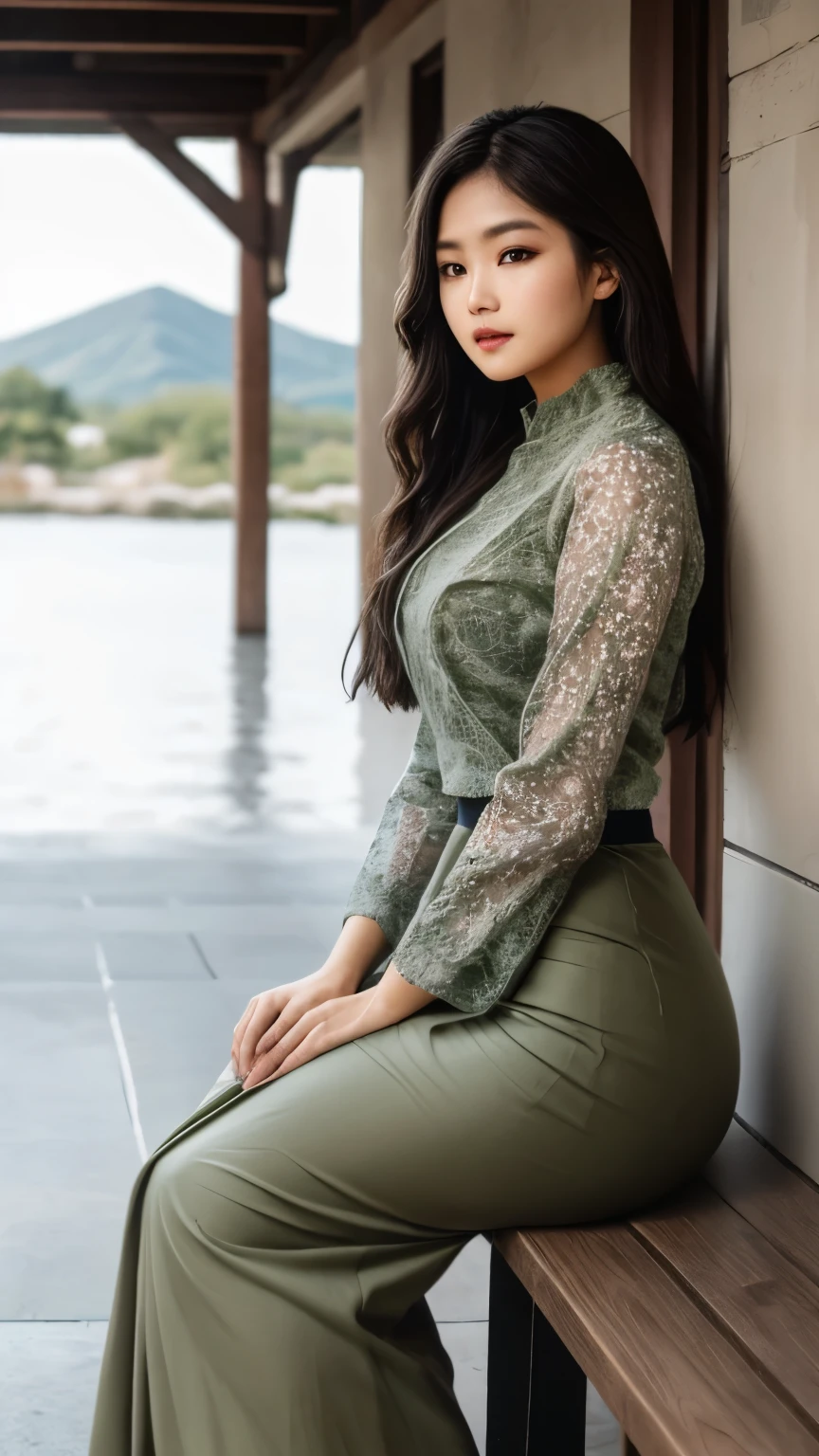 masterpiece, ultra detailed, high quality, 1girl, ( parted lips), detailed lips, sitting in bench, (solo), wide shot, scenery, full body, hair between eyes, long straignt hair, acmm ls outfit, wearing acmm top, olive green acmm top, long sleeves, wearing acmm long skirt, olive green acmm long skirt, printed skirt