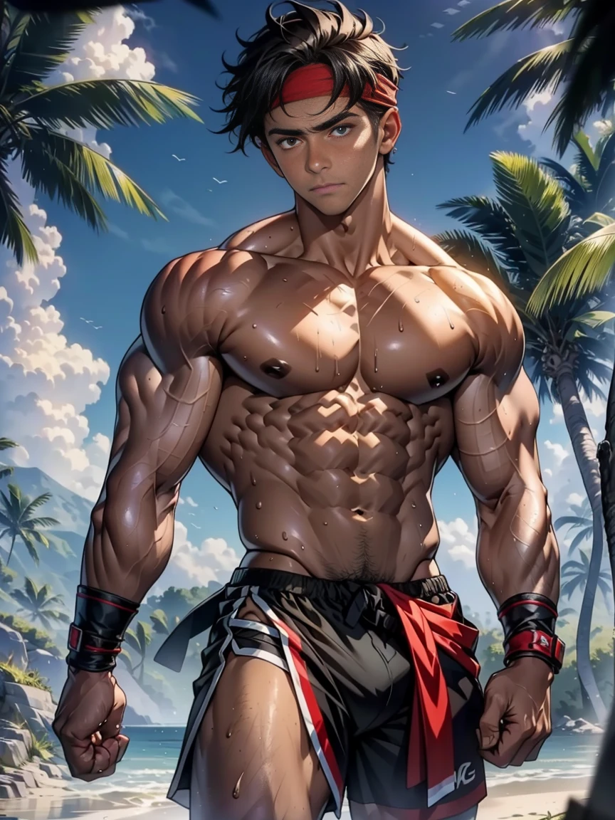 (Masterpiece, Best quality 18 year old boy), (shoot from behind), 1 boy, solo, Young, (teenager), (Dark Short straight hair), brown eyes, full bodyesbian, (Shirtless), topless, (Red headband, (Black shorts with loincloth), (gauntlet)), (Depth of field:1.2), (chest, Abs, upper arms), view the viewer, black wristband, (topless male), serious, closed mouth, sweat,