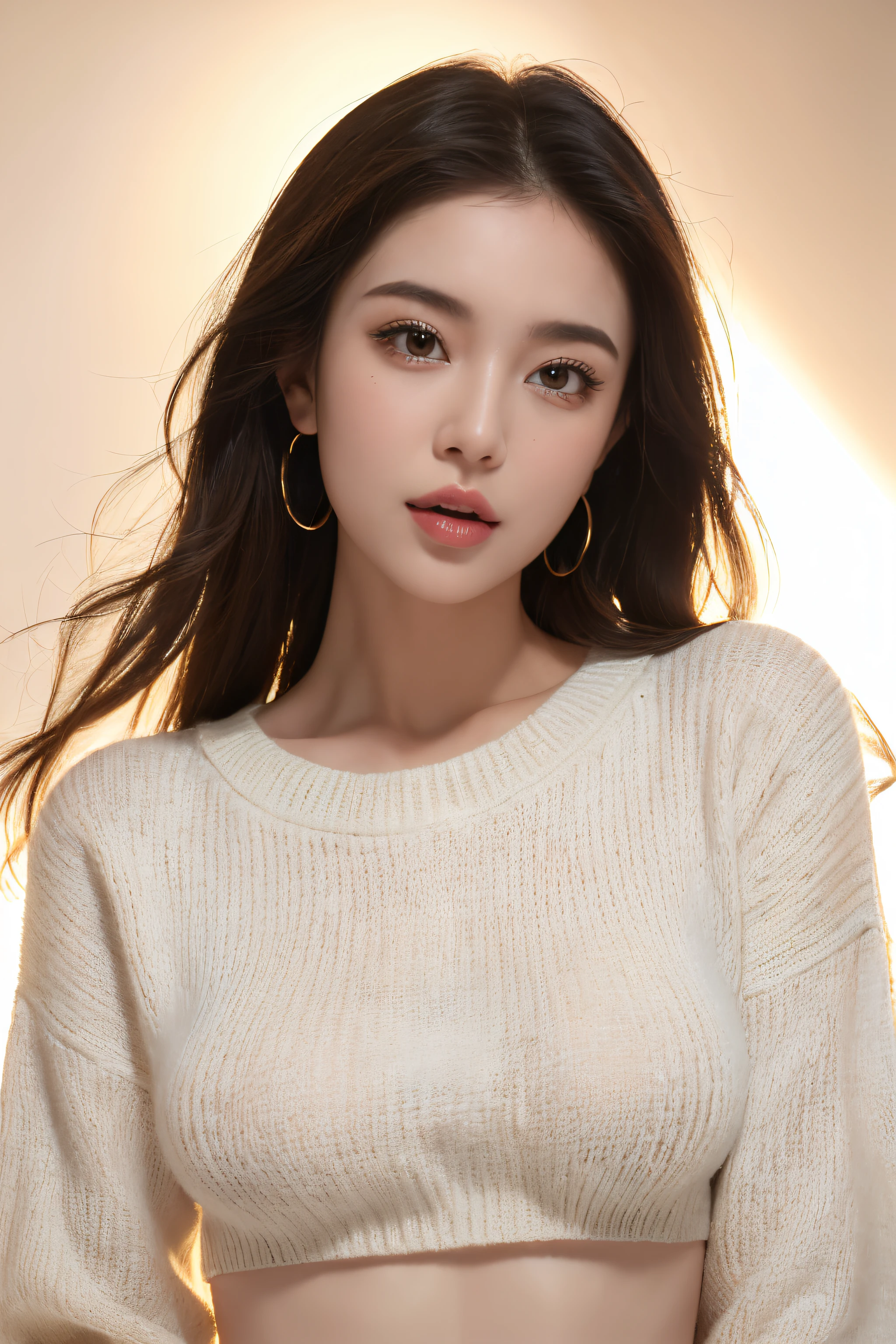 (Best quality, 8K, 32K, Masterpiece, hyper HD:1.3), 1 girl, lick lips, an look of enjoyment，(Super small :1.2), ,long-sleeves sweater, ((Areola))