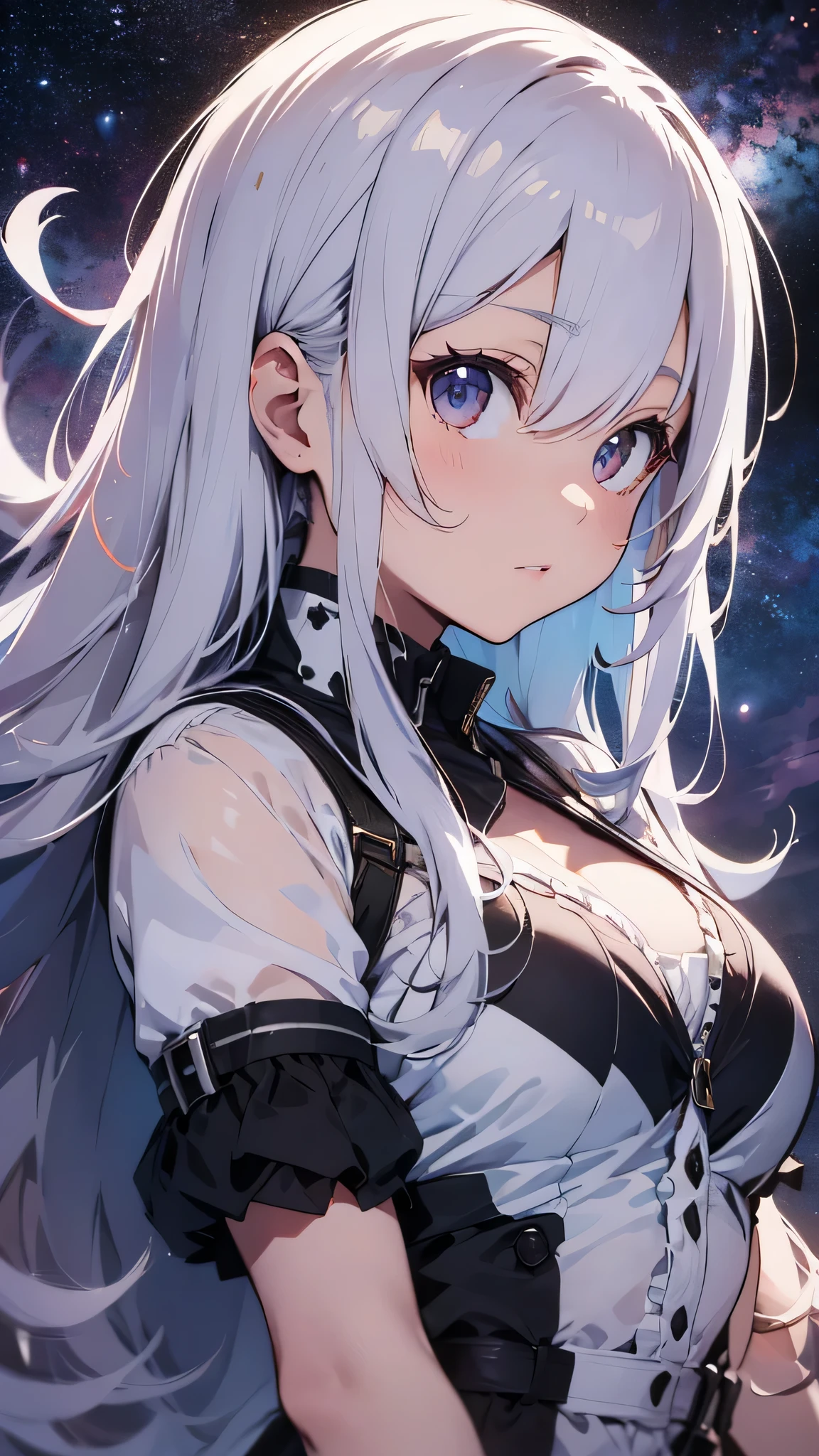 最high quality、best image quality、masterpiece、age girl((18-year-old、 By becoming、vest bust、medium bust,wide open breast tea、black eye, gray hair、long hair、thin,highest valley、Love of the Universe、Cosmic dress)),high quality、beautiful art、background((Lunar surface、Mysterious space))debris flies、Depth of written boundary、movie、visual art、perfect art、8K,genuine