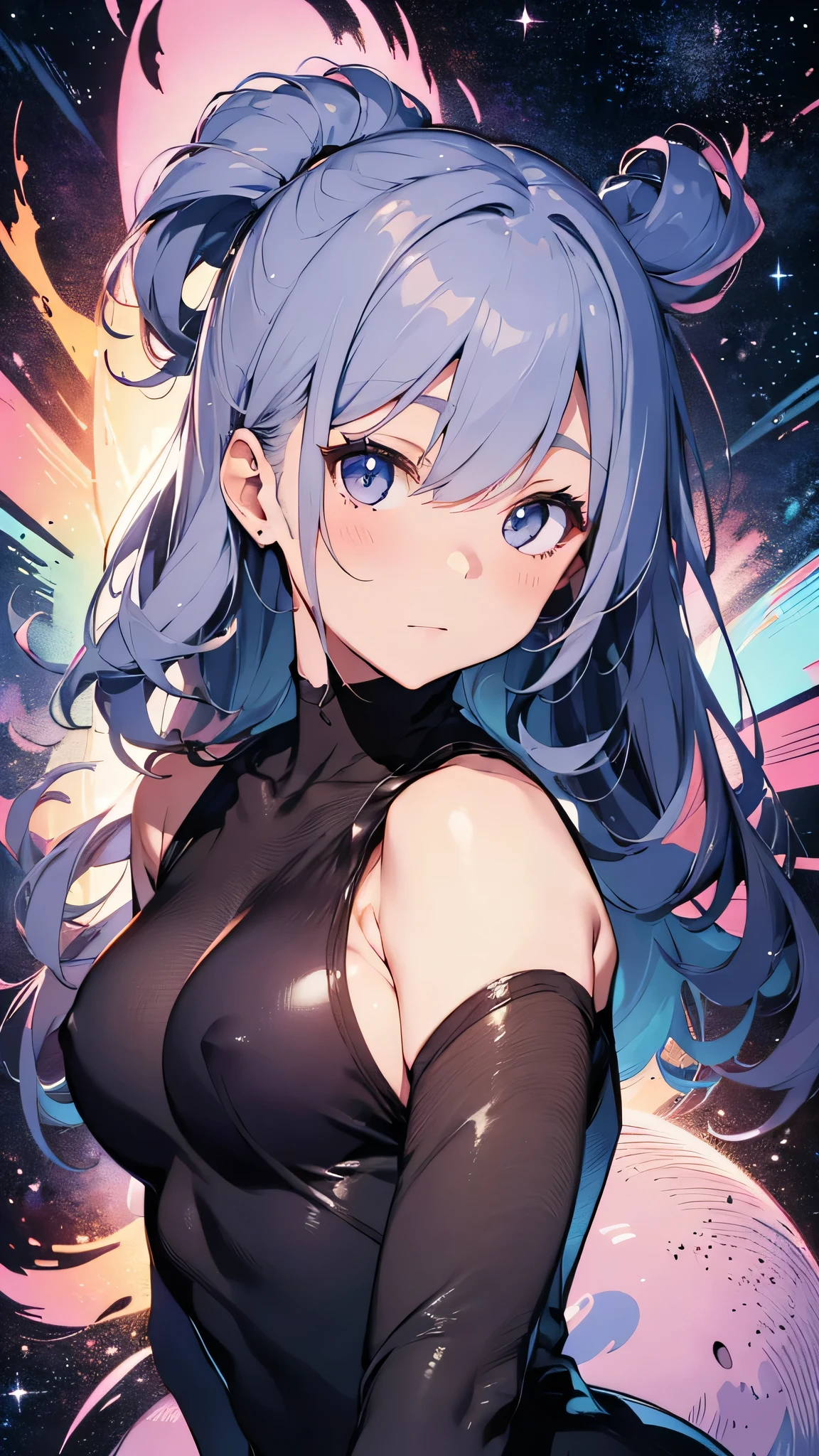 最high quality、best image quality、masterpiece、age girl((18-year-old、 By becoming、vest bust、medium bust,wide open breast tea、black eye, gray hair、long hair、thin,highest valley、Love of the Universe、Cosmic dress)),high quality、beautiful art、background((Lunar surface、Mysterious space))debris flies、Depth of written boundary、movie、visual art、perfect art、8K,genuine