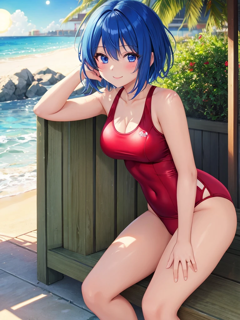 masterpiece, highest quality, super detailed, 1 girl、Againm、Again:zero、blue hair、short hair、 super fine illustration、美しいseductive anime girl、Super detailed、night、Beerで乾杯、Beer、full moon、Sunburn mark、black skin、smile、beautiful bluish eyes、beautiful proportions、gentle expression、seductive anime girl、Glossy skin、seaside、beach、hot spring、red school swimsuit 、High leg、sex