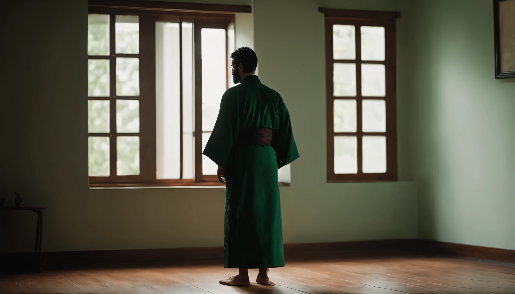 A simple room with no furniture. A man stands in a room with white floors and walls. He is wearing a dark green kimono. He is looking out the window.