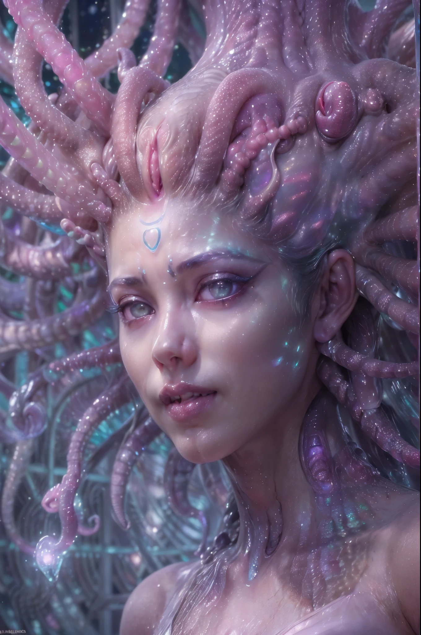 (A portrait of one beautiful and horrable female alien who is a teenager:1.4), ((There is a female genital-like organ in the middle of her forehead:1.8)), (realistic face:1.2), Hyper-realistic crystal clear skin, she is so sleepy, (Numerous award-winning masterpieces, with incredible detail, textures and maximum detail), midnight aura, unreal engine 5, Ultra Sharp Focus, midnight aura, unreal engine 5, Ultra Sharp Focus, (art by Amano Yoshitaka:1.5), ArtGerm, Roisch, intricate artwork, ultra realistic realism, high resolution, High freshness, drawing faithfully, official art, Unity 8K Wall paper, ultra detailed artistic photography, dream-like, Creation of fantasy, dream Snail, (biopunk nautilus:1.3),Thrilling color schemes, Amazing mutation, well-proportioned body, goddess of the deep sea, fractal, Geometric pattern, impossible figures, (a lot of crystal clear white tentacles with luminescent organs:1.4), subtle emerald green accents, (smiling seductively:1.3),(She has the most beautiful face in the history of the universe:1.5), (she is looking down at viewers with glowing red eyes with no pupils:1.3), an evil gaze that seduces, cinematic lighting, (no makeup:1.3), (Vampire-like long canine teeth can be glimpsed through the gap between the cute lips:1.5), in the hall of the palace, Sweet breath is exhaling from beautiful lips, ecstatic expression, she has numerous translucent tentacles from her head like hair