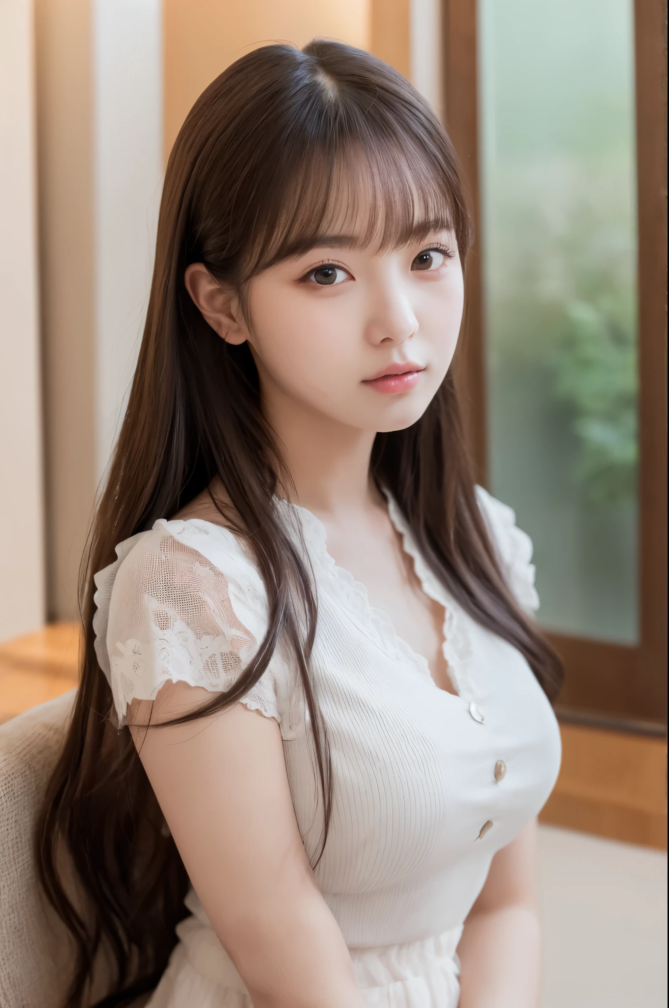 A close up of a woman sitting on a chair with long hair - SeaArt AI