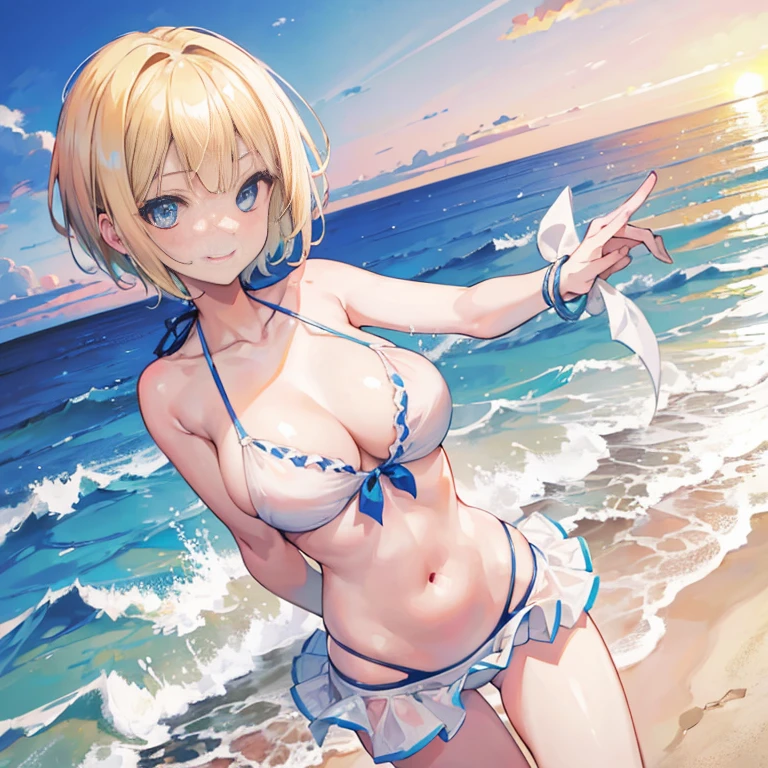 1 girl, short blonde hair, blue eyes, wearing a white bikini, ruffle bikini, bikini skirt, beach, sunset, smile, open your mouth, disorganized, High resolution, super sharp, 8K, masterpiece, looking at the viewer