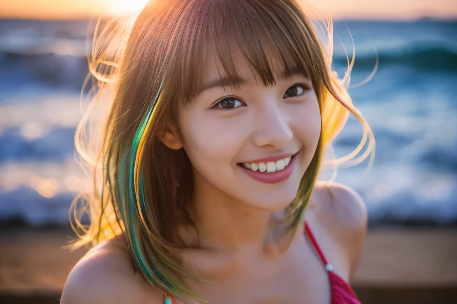 , 8K, (Surrealistic: 1.35), (realistic: 1.4), 1 Beautiful Japan Girls, smile, One, light makeup, masterpiece, excellent quality, high quality, puberty, (((Super Micro Bikini)))、 ((perfect body)), ((best image quality)), ((time)), ((very delicate and beautiful)), ((Very shallow depth of field)), nffsw, ((incredibly shallow depth of field. familiar with)), (((very delicate and beautiful))), (((Very shallow depth of field))), nffsw, (((incredibly absurd))), (((perfect body))), (((dye hair blonde )))), (((long hair)))), (((Camera Eye))), (((small))), (((幸せな最高のsmile))), poor, Own + background, dynamic angle, female focus, {particles of light}, detailed background, ((paul hedley)), soft lighting, (dramatic) sunset), sunset, very beautiful sunset, live action, realistic, top angle, かわいいsmile, (background blur), 18-year-old, skinny, ((strong wind)), ((movement ))), ((emotion)), ((colorful)), ((baby face)), ((beautiful teeth)), Withering, ocean background、