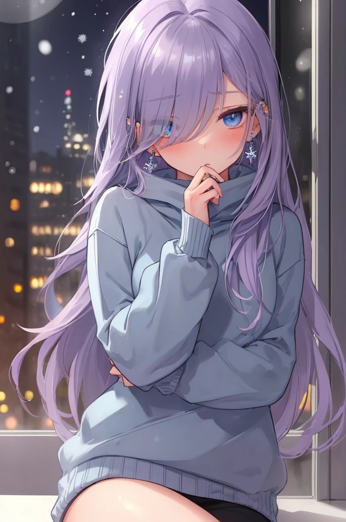 ((masterpiece:1.4, best quality:1.2)), 1girl, solo focus, beautiful skin, blush, grey sweatshirt, long Violet hair, blue eyes, sitting, earrings, Hands piercing, coffee shop window, night, snowing, cityscape, tall female, beautiful and delicate female, comfy ambience, {detailed background}, hair over one eye, shy, sexy female genitalia