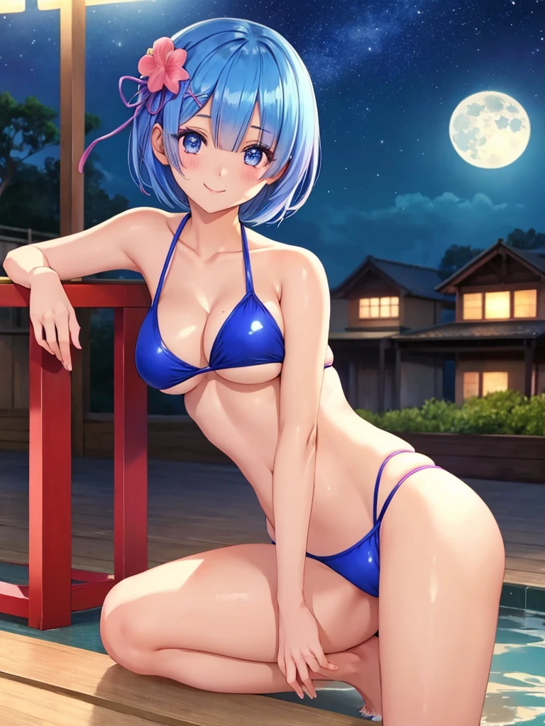 masterpiece, highest quality, Super detailed, 1 girl、Rem、Re:zero、blue hair、short hair、 super fine illustration、美しいseductive anime girl、Super detailed、night、Beerで乾杯、Beer、full moon、Sunburn mark、black skin、smile、beautiful bluish eyes、beautiful proportions、gentle expression、seductive anime girl、Glossy skin、seaside、beach、hot spring、red school swimsuit 、High leg、