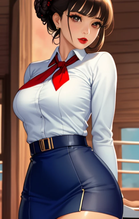 master piece,Best Quality,highest quality,Ultra-detailed,ultra high resolution,extremely detailed CG unity 8k wallpaper,Illustration,Detailed skin,Shiny skin,Realistic,Beautiful detailed eyes,luscious eyes,striking eyes,Perfect ???????, gleaming skin,oily skin,1girl in,Solo,(((upper body))),(((half updo,red lips))), cabin attendant uniform,flight attendant uniform,light blue blouse,dark blue slit tight skirt,red neckerchief,earrings,high heels,stockings,middle hair,half updo,dark brown hair,red lips,